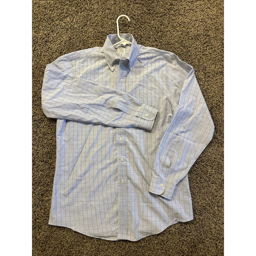 REGENT Brooks Brothers Men's Light Blue Plaid‎ Cotton Dress Shirt 15.5 - 34